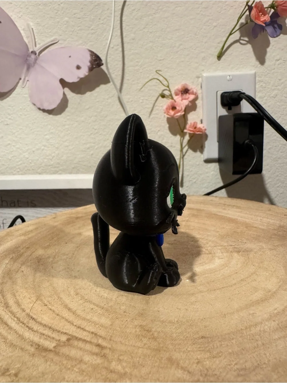 Black Cat Figurine with Green Eyes and Blue Collar - Pet Décor